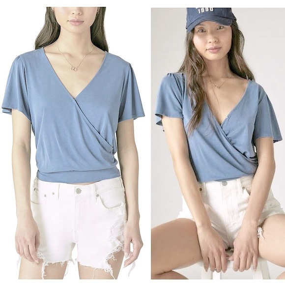 ANTHROPOLOGIE Y2K Pastel Blue Flutter Short Sleeves Draped Ballet Wrap Top XS - Picture 2 of 6